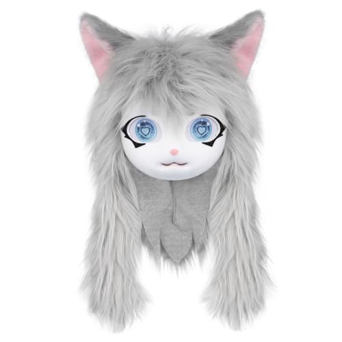 Pelziger Kopf, süßer Plüschfell -Kopf mit großen Augen, Ohren und langem Haar, pelziges Kostüm für Halloween Maskerade Cosplay, Grau von Heidouse