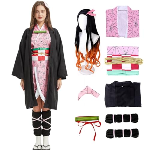 Heionia Nezuko Cosplay Kostüm für Erwachsene Damen 9PCS Nezuko Costume Set mit Perücke Anime Kostüm Kimono Kamado Nezuko Dress Up für Halloween Karneval (XXL), Rosa von Heionia