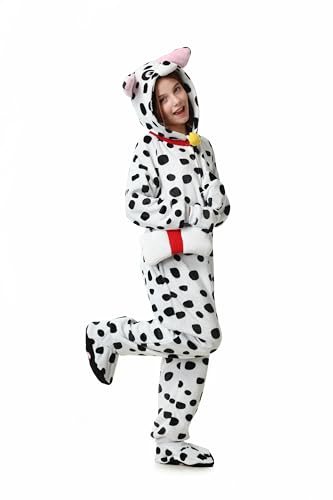 Heionia Dalmatiner Kostüm für Kinder Dalmata Schlafanzug in Einheitsgröße mit Handschuhen, Fußtuch, mit Knochensack(150) von Heionia