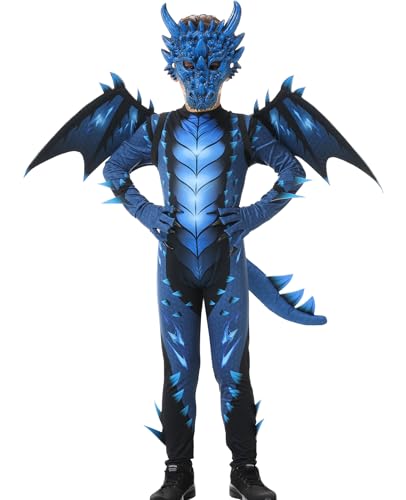Heionia Drachen Kostüm Kinder Drachenkostüm mit Flügel Masken für Jungen Mädchen Drache Cosplay Set für Karneval Halloween Mottoparty Fasching (Blau, 130) von Heionia