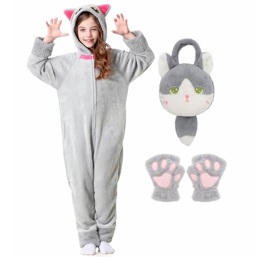 Heionia Katzenkostüm Kinder Mädchen Tier Kostüm Katze Plüsch mit Tasche und Handschuhe Kind Katzen Faschingskostüm Onesie für Karneval Halloween (Grau, 150) von Heionia