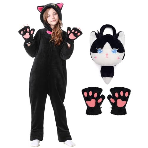 Heionia Katzenkostüm Kinder Mädchen Tier Kostüm Katze Plüsch mit Tasche und Handschuhe Kind Katzen Faschingskostüm Onesie für Karneval Halloween (Schwarz, 110) von Heionia