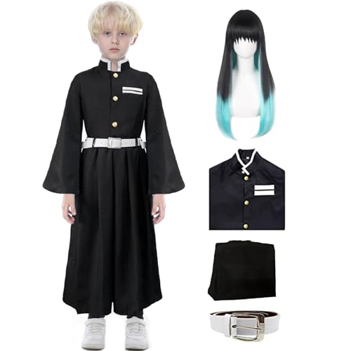 Heionia Kinder Muichiro Cosplay Kostüm Wig Muichiro Tokito Perücke Costume Hemden Hosen Gürtel Muichirou Cosplay Set Jungen für Halloween Karneval 4-16 Jahre (Kinder mit Perücke, 146) von Heionia
