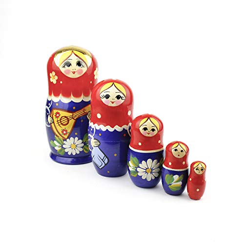 Heka Naturals Matryoshka Russische Puppen Klassische Babuschka Hand Made in Russland 5 Stück 18 cm Holz Geschenk Spielzeug -Balalaika (Design kann variieren) von Heka Naturals