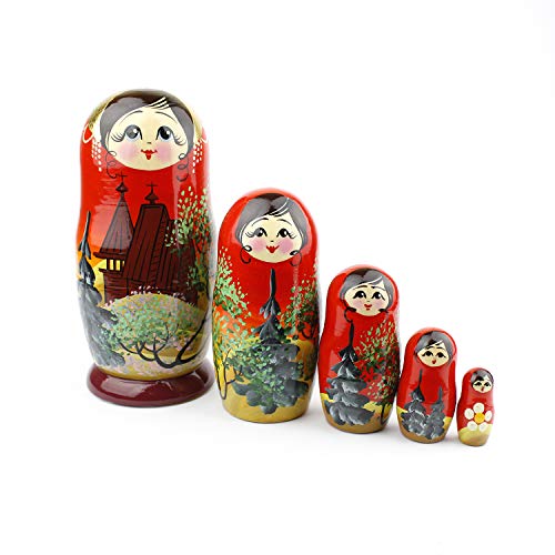 Heka Naturals Russische Matroschka-Puppen, 5 traditionelle Matroschkas Kirchen-Stil | Babuschka Holzpuppen, Tempel-Design, Handgefertigt in Russland | Kirchen, 5 Stück, 18 cm von Heka Naturals