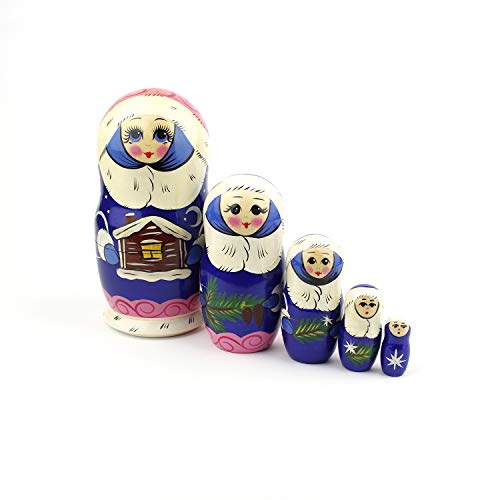 Russische Matroschka-Puppen, 5 traditionelle Matroschkas Schneefrau-Stil | Babuschka Holzpuppen, Design mit Mädchen in blauem Pelzmantel, Handgefertigt in Russland | Schneefrau, 5 Stück, 16 cm von Heka Naturals