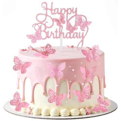 13 Stück Happy Birthday Tortendeko Schmetterling 3D Cupcake Topper Rosa Schmetterlinge Geburtstag Tortendeko Schmetterlings Kuchendekoration für Geburtstag Hochzeit Babyparty Torten Topper von HekouJiub