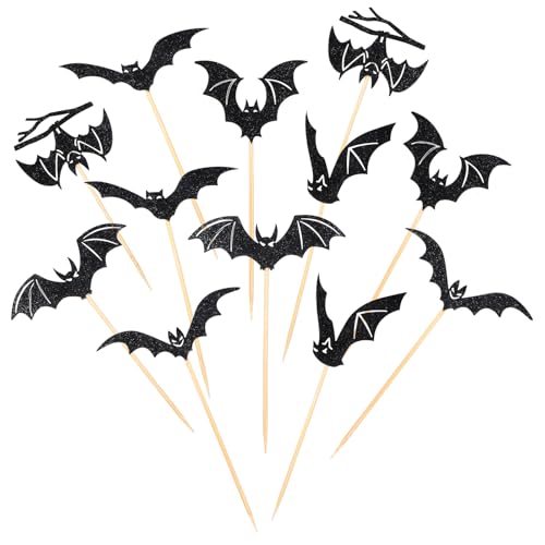 48 Stück Fledermaus Halloween Tortendeko Geburtstag Schwarz Fledermaus Kuchen Deko Glitzer Cupcake Topper Happy Birthday Cupcake Picker Essensspieße für Halloween Geburtstag Mottoparty von HekouJiub