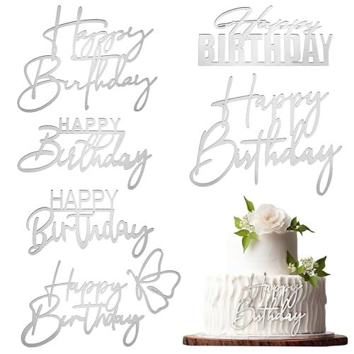 6 Stück Happy Birthday Tortendeko Geburtstag Wiederverwendbar Cake Topper Acryl Happy Birthday Kuchen Topper Geburtstag Kuchendekoration für Babyparty Party Geburtstagskuchen (Silber) von HekouJiub