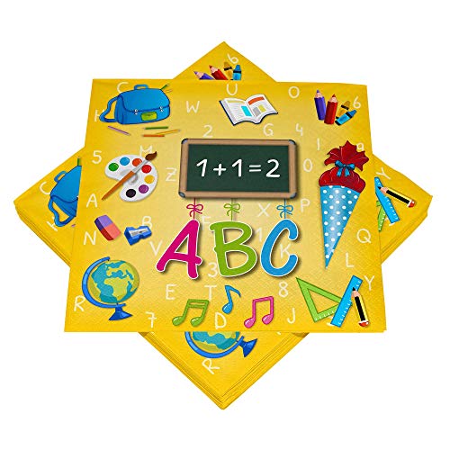 Heku 243-61 - Servietten Schulanfang, Größe 33 x 33 cm, 20 Stück, 1. Schultag, Einschulung, ABC-Schütze, Dekoration, Partygeschirr, Mundtuch von N