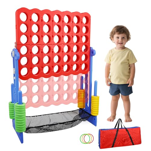 Giant Connect 4, 3-in-1 Riesen-Gartenspiel mit verstellbarer Höhe, Basketballkorb, 42 Jumbo-Ring, Ringwurf, Garden Connect 4 Outdoor-Spiel für drinnen und draußen (Rot & Blau) von Helangel