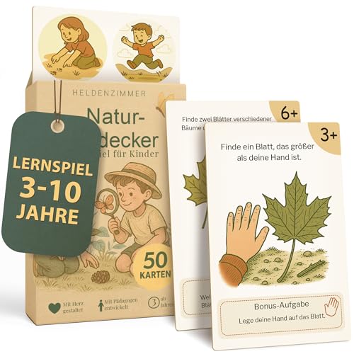 Heldenzimmer Outdoor Suchspiel Kinder – Outdoor Spiele für Kinder | 100 Aufgaben Suchspiel, 50 Doppelseitige Entdeckerkarten 2 Altersstufen, 16 Abzeichen von Heldenzimmer