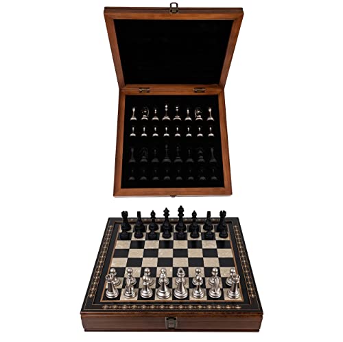 Handgefertigtes Holz Schachbrett mit Aufbewahrungssystem, Schachfiguren aus Metall, Deluxe Edition, Schachspiel, Schachset, 40 x 40 cm von Helena wood art