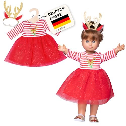 Heless 1151 - Weihnachts-Kleid für Puppen im Design Rentier Rudi, inklusive Haarband mit prachtvollem, goldenen Geweih, Größe 28-35 cm, Rot von Heless