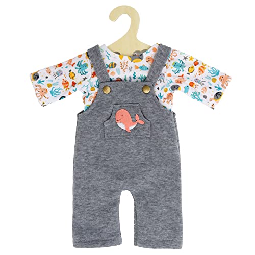 Heless 1215 - Puppenkleidung im Design Wal Bobby, 2 teiliges Set mit grauer Latzhose und bunt bedrucktem T-Shirt für Puppen und Kuscheltiere der Größe 28 - 35 cm von Heless