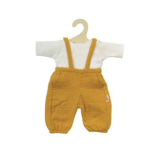 Heless 1415 - Puppenkleidung aus Musselin, 100 Prozent Bio-Baumwolle, 2-teiliges Set mit Latzhose in Honiggelb und weißem T-Shirt für Puppen und Kuscheltiere der Größe 28-35 cm von Heless
