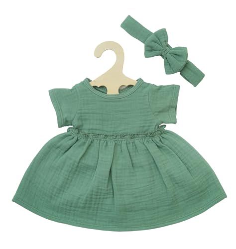Heless 1424 - Puppenkleidung aus Musselin, 100 Prozent Bio-Baumwolle, 2-teiliges Set mit Kleid und Haarband in Salbeigrün für Puppen und Kuscheltiere der Größe 28-35 cm von Heless