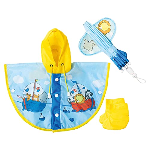 Heless 175 - Regen-Set für Puppen im Design Segelfreunde, 3 teilig mit Regen-Cape, Regen-Schirm und Regen-Stiefeln, Größe 28 - 35 cm von Heless