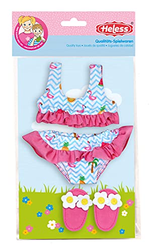 Heless 199 - Schwimm-Set für Puppen, 3 teilig, Bikini mit Badeschläppchen, Flamingo, Größe 28 - 35 cm, für Badespaß an heißen Sommertagen von Heless