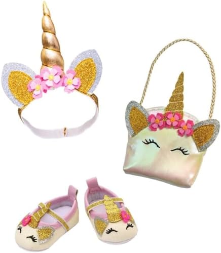 Heless 231 - Puppenzubehör im Design Glitzer-Einhorn, 3-teiliges Accessoire Set mit Ballerinas, Tasche und Haarband für Puppen und Kuscheltiere der Größe 35-45 cm von Heless