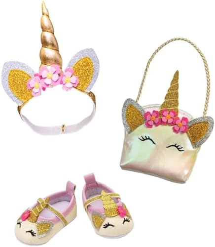 Heless 2311 - Puppenzubehör im Design Glitzer-Einhorn, 3-teiliges Accessoire Set mit Ballerinas, Tasche und Haarband für Puppen und Kuscheltiere der Größe 30-34 cm von Heless