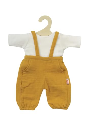 Heless 2415 - Puppenkleidung aus Musselin, 100 Prozent Bio-Baumwolle, 2-teiliges Set mit Latzhose in Honiggelb und weißem T-Shirt für Puppen und Kuscheltiere der Größe 35-45 cm von Heless