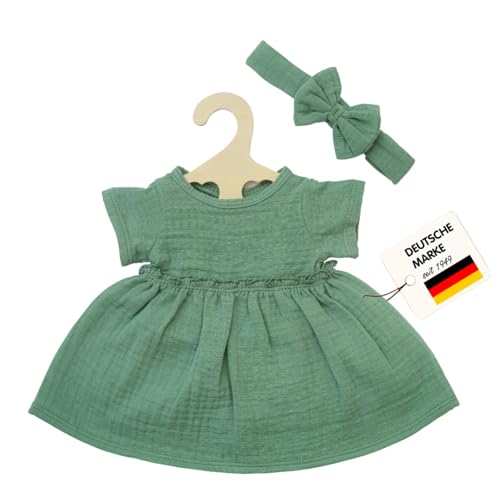 Heless 2424 - Puppenkleidung aus Musselin, 100 Prozent Bio-Baumwolle, 2-teiliges Set mit Kleid und Haarband in Salbeigrün für Puppen und Kuscheltiere der Größe 35-45 cm von Heless