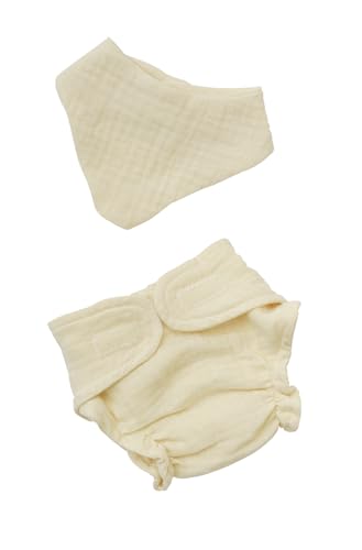 Heless 420 - Puppenkleidung aus Musselin, 100 Prozent Bio-Baumwolle, 2-teiliges Set mit Stoffwindel und Lätzchen in Ecru für Puppen und Kuscheltiere der Größe 35-45 cm von Heless