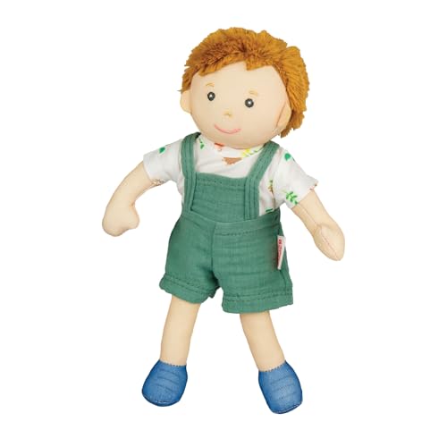 Heless 508 - Stoffpuppe Junge Fred mit grüner Latzhose und Shirt zum An- und Ausziehen, ca. 22 cm große Weichpuppe zum Kuscheln, Spielen und Liebhaben von Heless