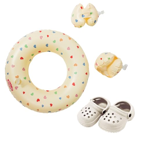 Heless 550 - Puppen-Schwimmset in Beige Herz Konfetti, mit Schwimmring, Schwimmflügeln und Clogs, für Puppen und Kuscheltiere der Größe 35-45 cm von Heless