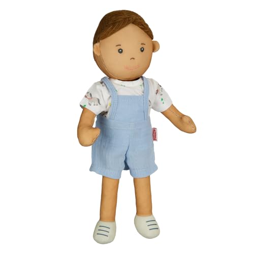 Heless 59 - Stoffpuppe Junge Noah mit Blauer Latzhose und Shirt zum An- und Ausziehen, ca. 32 cm große Weichpuppe zum Kuscheln, Spielen und Liebhaben von Heless