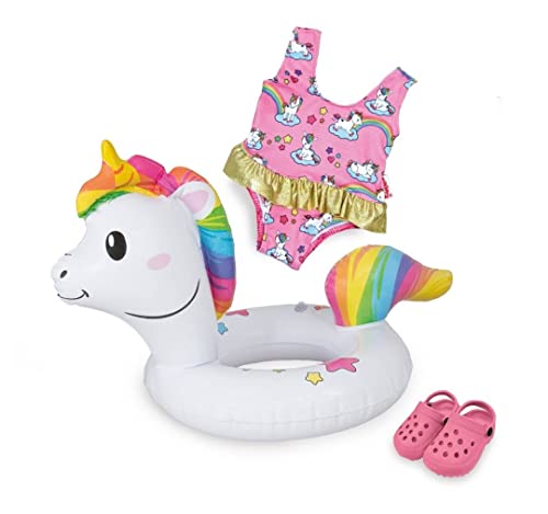 Heless 66 - Schwimm-Set für Puppen, 3 teilig, Motiv Einhorn Henri, Badeanzug, Clogs und Schwimmring, Größe 35 - 45 cm, für Badespaß an heißen Sommertagen von Heless