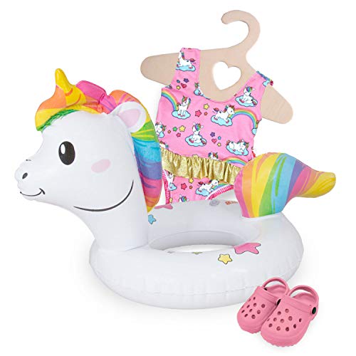 Heless 661 - Schwimm-Set für Puppen, 3 teilig, Motiv Einhorn Henri, Badeanzug, Clogs und Schwimmring, Größe 28 - 35 cm, für Badespaß an heißen Sommertagen, Rosa,weiß Heless 661 - Schwimm-Set für Puppen, 3 teilig, Motiv Einhorn Henri, Badeanzug, Clogs und Schwimmring, Größe 28 - 35 cm, für Badespaß an heißen Sommertagen, Rosa,weiß von Heless