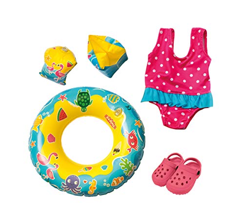 Heless 88 - Schwimm-Set für Puppen, Badeanzug, Clogs, Schwimmring und -flügel mit lustigen Bade- und Wassermotiven, Puppengröße ca. 35 - 45 cm, für Badespaß an heißen Sommertagen von Heless