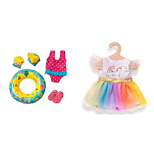 Heless 88 - Schwimmset für Puppen, Badeanzug, ClogsPuppengröße ca. 35-45 cm, für Badespaß an heißen Sommertagen & 2850 - Kleid für Puppen, Einhorn Henri, Größe 35-45 cm von Heless