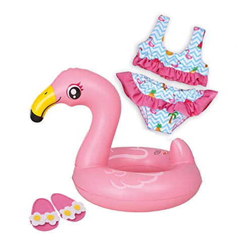 Heless 99 - Schwimm-Set für Puppen, 3 teilig, Flamingo Ella, Bikini, Flip Flops und Schwimmring, Größe 35 - 45 cm, für Badespaß an heißen Sommertagen von Heless