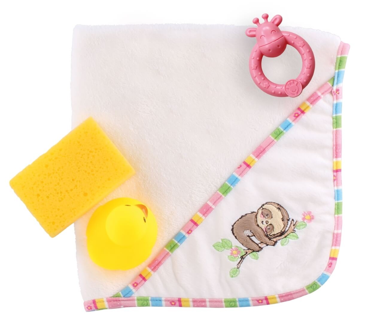 Puppen-Kapuzenbadetuch Faultier Flauschi (48 x 48 cm) mit Zubehör von Heless