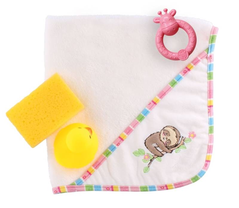 Puppen-Kapuzenbadetuch Faultier Flauschi (48 x 48 cm) mit Zubehör von Heless