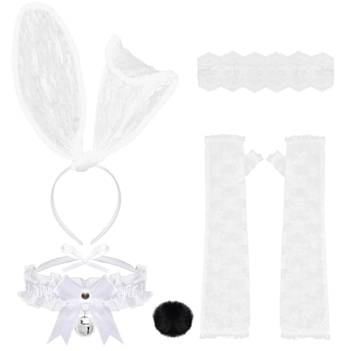 Heliltd 5-teiliges Hasen-Kostüm-Zubehör-Set für Damen, Hasenohren, Stirnband und Schwanz, Choker, Augenmaske, Spitzenhandschuhe für Halloween, Cosplay (weiß) von Heliltd