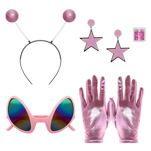 Heliltd Alien-Kostüm-Set für Damen, Alien-Antenne, Stirnband, Brille, Ohrringe, holografisches Gesicht, Glitzer-Handschuhe, Rosa, 5-teilig Heliltd Alien-Kostüm-Set für Damen, Alien-Antenne, Stirnband, Brille, Ohrringe, holografisches Gesicht, Glitzer-Handschuhe, Rosa, 5-teilig von Heliltd