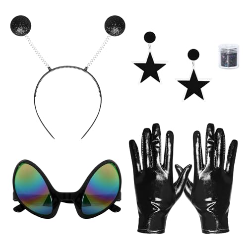 Heliltd Alien-Kostüm-Set für Damen, Alien-Antenne, Stirnband, Brille, Ohrringe, holografisches Gesicht, Glitzer-Handschuhe, Schwarz, 5-teilig Heliltd Alien-Kostüm-Set für Damen, Alien-Antenne, Stirnband, Brille, Ohrringe, holografisches Gesicht, Glitzer-Handschuhe, Schwarz, 5-teilig von Heliltd