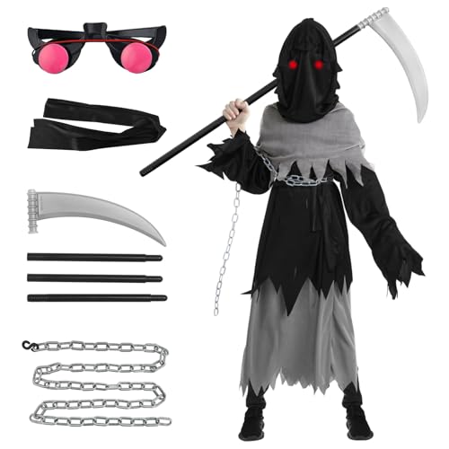 Kinder Sensenmann Kostüm Faschingskostüme Jungen: Karneval Reaper Robe Tod Kostüme Set mit Sicheln Handschuhe Kette Leuchtende Gläser - für Halloween Mottoparty Cosplay (M (8-10 Jahre)) von Helimwint