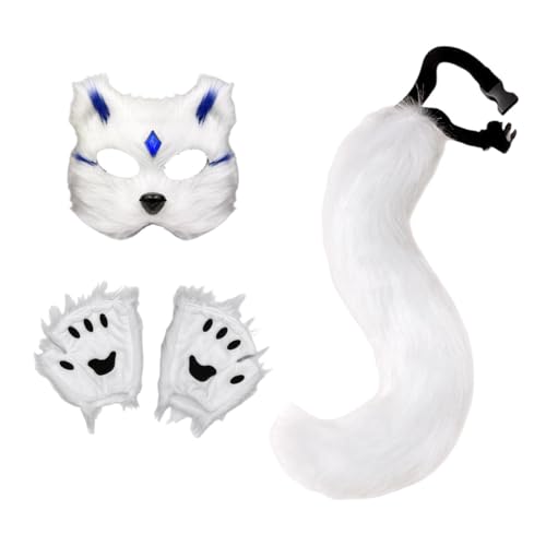 Hellery Tier Und Schwanz Set für Halloween, Katze, für Karneval, Abschlussball, Maskerade, Geschenke, Weißer Blue Chip Hellery Tier Und Schwanz Set für Halloween, Katze, für Karneval, Abschlussball, Maskerade, Geschenke, Weißer Blue Chip von Hellery