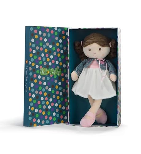 Hello Dolly Ma Copine Marie Puppe aus weichem Stoff, braune Haare aus Samt, weißes Kleid, Jeansjacke in Geschenkbox von Hello Dolly