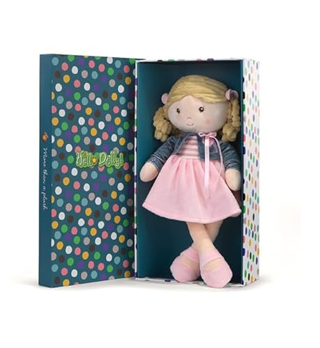 Hello Dolly Puppe, Plüschtier mit rosa Kleid und Jeansjacke, Geschenkbox mit Punkten Hello Dolly Puppe, Plüschtier mit rosa Kleid und Jeansjacke, Geschenkbox mit Punkten von Hello Dolly