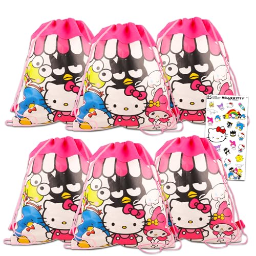 Hello Kitty Party Favor Bags Set - Bundle with 6 Hello Kitty Drawstring Bags for Kid and Hello Kitty Stickers | Hello Kitty Birthday Party Supplies von Hello Kitty