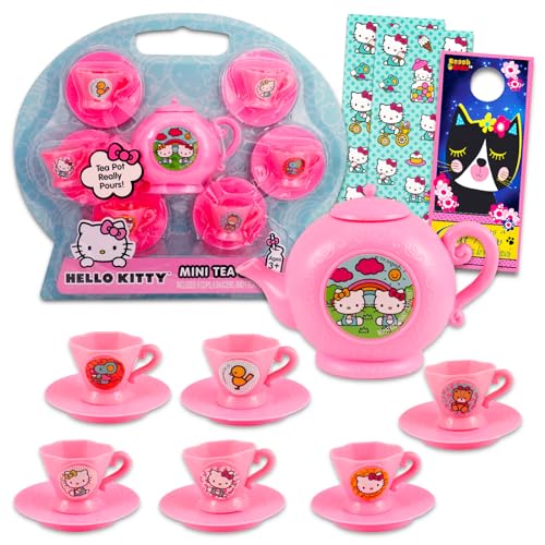 Hello Kitty Tea Party Set-Bundle - 13-teiliges Tee-Set mit Hello Kitty Teetassen, Untertassen und Teekessel plus Aufklebern, mehr | Hello Kitty Teekannen-Sets für Mädchen von Hello Kitty