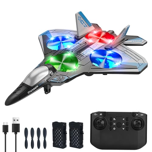 Helmsyde Ferngesteuertes Flugzeug 2,4 GHz RC Flugzeug für Kinder Erwachsene Anfänger 4 Motoren Leicht zu Fliegendes Ferngesteuertes aus Schaumstoff, rotierende Drohne mit Cooles Licht, 2 Batterien von Helmsyde