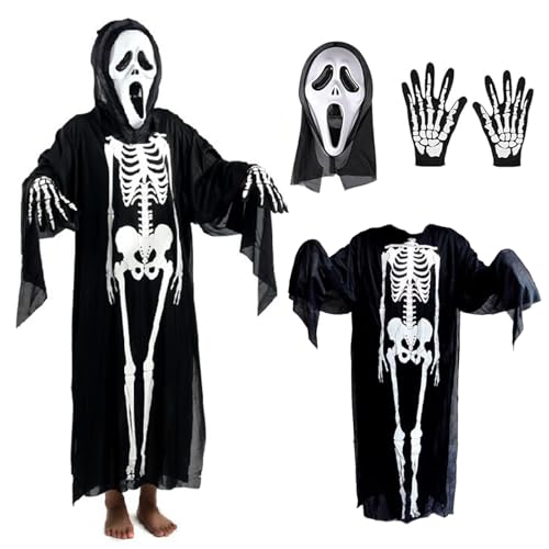 Sensenmann Kostüm, Tod Kostüm Set, Halloween Kostüm, Halloween Ghostface Maske, Reaper Kostüme Set Für Unisex Rollenspiele Party Karneval Cosplay, Inklusive Robe, Maske Und Handschuhen von Helweet