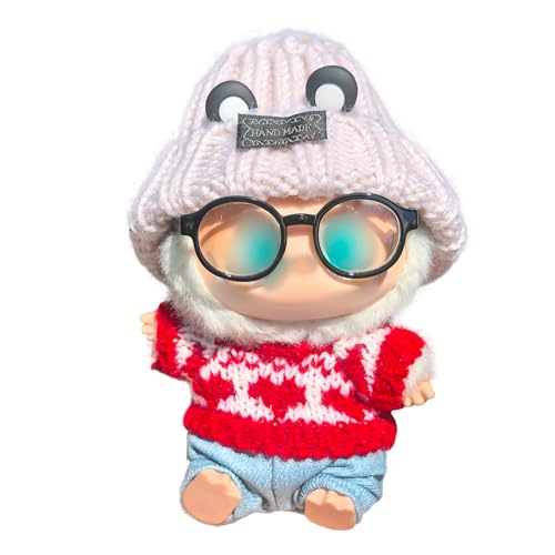 Hemaisu 4-teiliges bezauberndes Puppen-Outfit | Panda – inspiriertes Set mit Strickmütze, Beanie, Brille, rotem Pullover und leichter Jeans für La Bubu-Puppen (15–17 cm) von Hemaisu